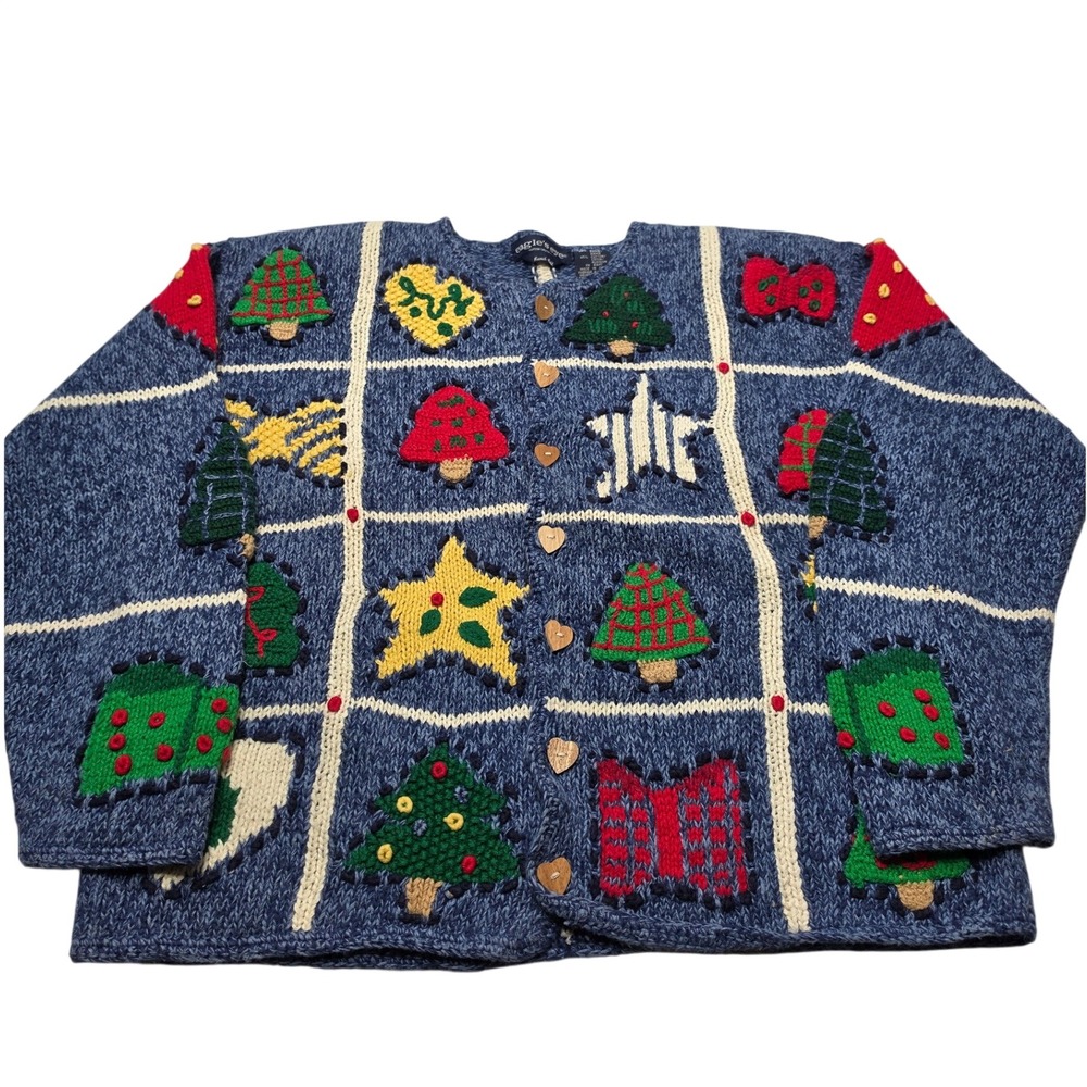 Eagles Eye Vintage Hand Knit Christmas Cardigan Blue Ramie Cotton Womens Medium
